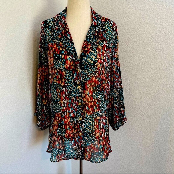 Joanna Puff 3/4 Sleeve Sheer Gold Accent Blue Red Black Sexy Top Size 2X - Picture 1 of 11